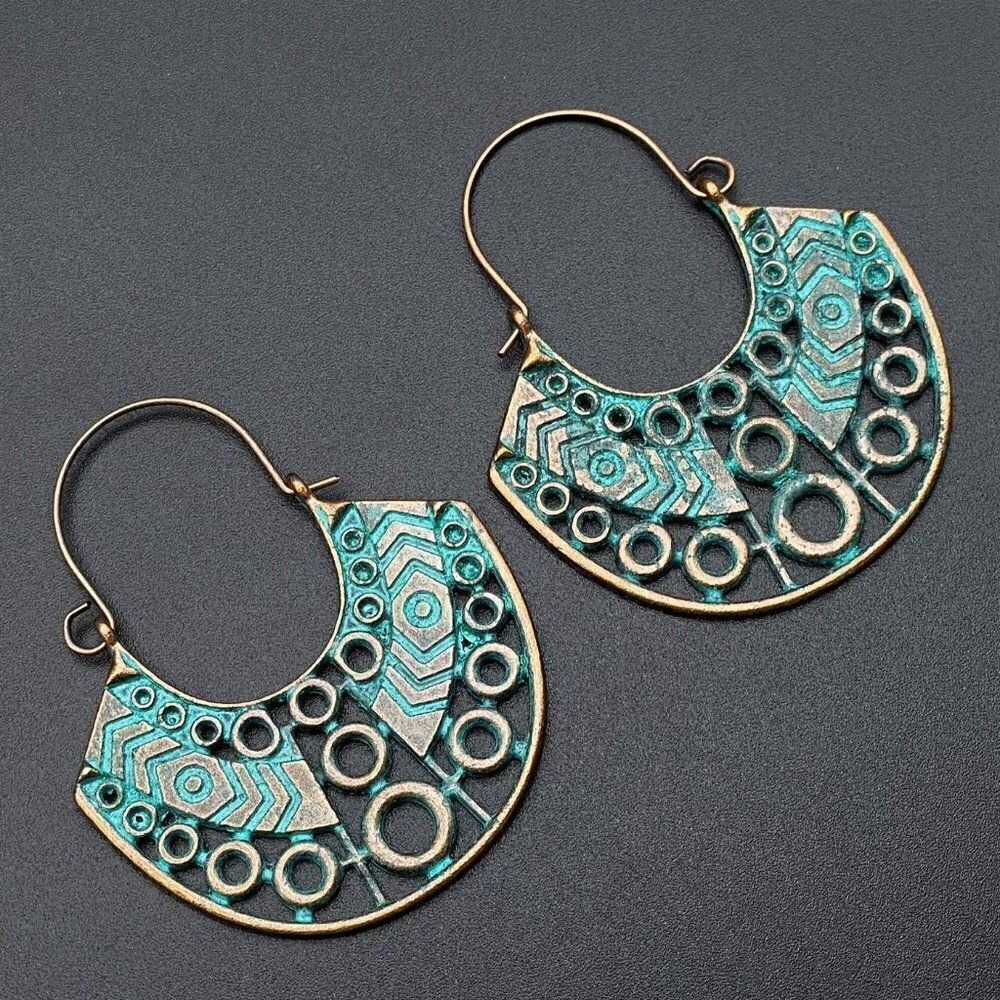 Bronze with Blue Patina Boho Aztec Style Dangling Drop Hinged Hook Earrings
